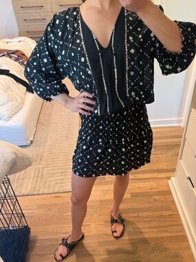 ULLA JOHNSON Black Patterned V-Neck Smocked Waist Mini Dress